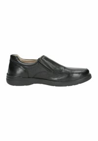 Fekete bőr slip-on cipők sima felsőrésszel, lekerekített orral, finom varrási részletekkel és rugalmas gumitalppal rendelkeznek a kényelem érdekében.
