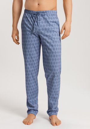 Blauwe geblokte pyjamabroek met een elastische tailleband en een trekkoord. De stof heeft een geometrisch ontwerp in donkerblauw met lichte accenten.