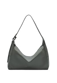 Borsa hobo in pelle grigia con forma curvata, superficie testurizzata e una sola tracolla. Il design presenta hardware minimale e linee pulite.