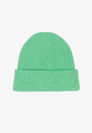 Bonnet tricoté vert menthe avec texture côtelée et bord roulé. Doté d'un petit logo métallique sur le côté.