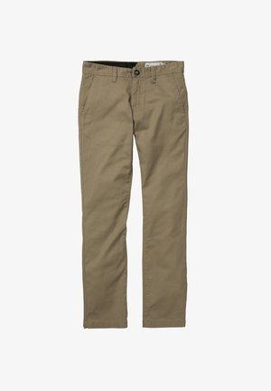 Pantaloni kaki a gamba dritta con tasche frontali, passanti per cintura, chiusura con bottone e cerniera, distesi su uno sfondo bianco.