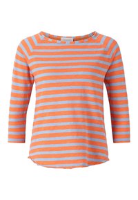 Gestreiftes Langarmshirt in Orange und Hellblau. Weicher Stoff mit Bootsausschnitt und abgerundetem Saum, mit lässigen 3/4-Ärmeln.