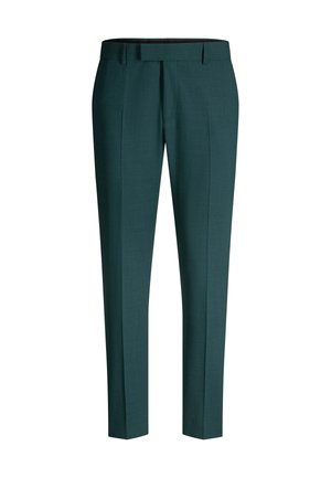 Pantaloni da abito verde scuro su misura con passanti per cintura e pieghe stirate, mostrati distesi su uno sfondo bianco.