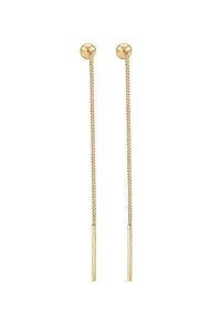 Goldene Tropfohrringe mit runden Studs, die lange, strukturierte Ketten aufweisen, die an geraden, schlanken Stäben enden.