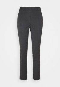Pantalon gris foncé sur mesure avec une coupe droite, présentant un devant plat, des passants de ceinture et une texture lisse. Design minimaliste.