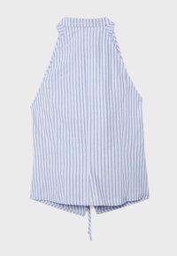 Blouse sans manches à rayures verticales bleues et blanches avec un col montant et un nœud à l'ourlet arrière.