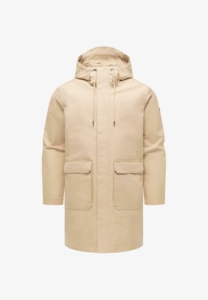 Beige hettejakke med glidelås foran, snøring i hetten og to store klaffelommer på hvit bakgrunn.