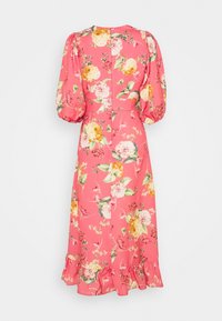 Růžové midi šaty s nafouknutými rukávy, vypasovaným pasem, květinovým potiskem, zadním zipem a volánkovým lemem.