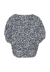Blouse à motif bleu marine et blanc, avec une coupe ample, des détails froncés à la taille, des manches larges et un tissu texturé.