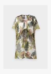 Túnica corta con estampado tropical en verde, marrón y beige, mangas cortas, escote en V y cierre frontal con nudo.