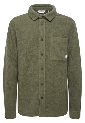 Olive green fleece shirt with a textured fabric, button front, pointed collar, and a chest pocket on the left side.