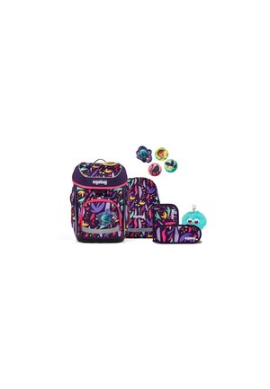 Purple schoolbag set with colorful leaf patterns, including backpack, pencil case, flat bag, four animal badges, and a blue fuzzy keychain.