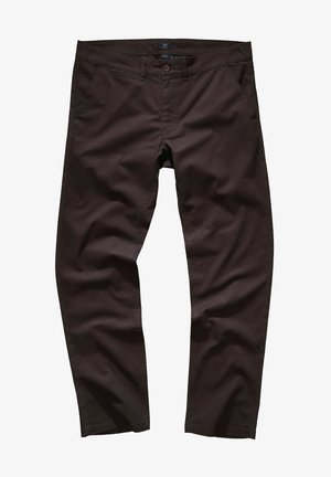Pantaloni in twill di cotone marrone con un design a gamba dritta, dotati di una chiusura a un bottone, passanti per cintura e tasche frontali.