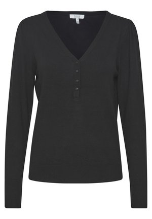 Melnā garā piedurkņu V-veida kakla džemperis, izgatavots no smalkas adīšanas materiāla. Tam ir piecu pogu plāksne un ribota piedurkņu un apakšmalas apdare.