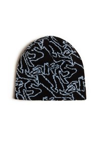 Black knitted beanie featuring a repeating pattern in light blue. Close-fitting design with a smooth texture and rounded top.