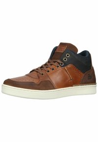 Czarne skórzane sneakersy wysokie z perforowanym noskiem, kontrastowymi granatowymi akcentami i białą gumową podeszwą. Posiadają brązowy tekstylny język i oczka.