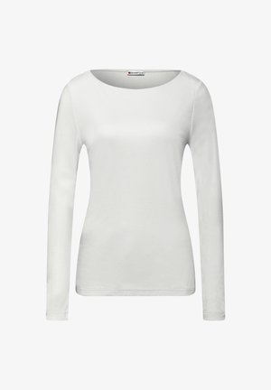 Langärmliges, weißes T-Shirt aus weichem Stoff. Verfügt über einen runden Ausschnitt und eine taillierte Silhouette. Schlichtes Design mit minimalen Nahtdetails.