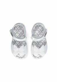 White children's sandals with a butterfly accent, featuring a textured outer material and a grey, heart-patterned interior.