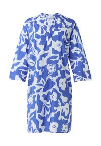 Blaue und weiße Tunika-Kleid mit V-Ausschnitt, Dreiviertelärmeln und lockerer Passform. Hat auffällige Blumenmuster im gesamten Kleid.