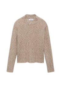 Beige Langarmpullover mit hohem Kragen, aus strukturiertem Strickstoff mit kleinen Flecken in dunkleren Farben. Gerade geschnitten.