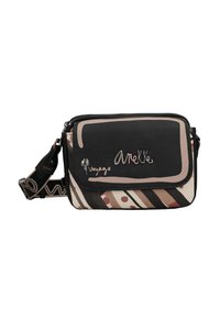 Borsa a tracolla nera e stampata con chiusura a zip, caratterizzata da strisce rosa e marroni, pois e logo del marchio sulla parte frontale.
