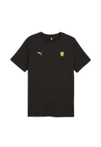 Sort bomulds T-shirt med korte ærmer, rund halsudskæring, et hvidt Puma-logo på venstre bryst og et gult Ferrari-skjoldlogo.