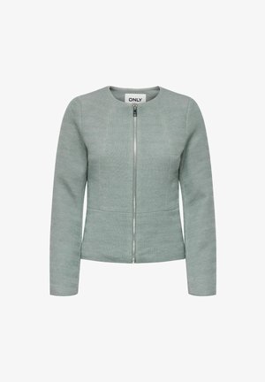 Hellgrüne, langärmelige Jacke mit Zickzackmuster und Frontreißverschluss, Rundhalsausschnitt und taillierter Passform.