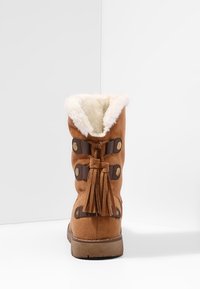 Braune Wildleder-Winterstiefel mit weißem Fleece-Futter, dekorativen Quasten und geknöpften Riemen, von hinten auf weißem Hintergrund gezeigt.