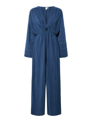 Blue pleated jumpsuit with long sleeves, deep V-neck, and circular waist detail. Made of lightweight fabric, offering a relaxed fit.