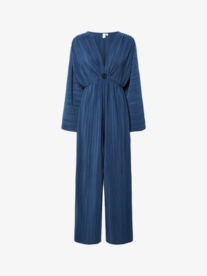 Blue pleated jumpsuit with long sleeves, deep V-neck, and circular waist detail. Made of lightweight fabric, offering a relaxed fit.