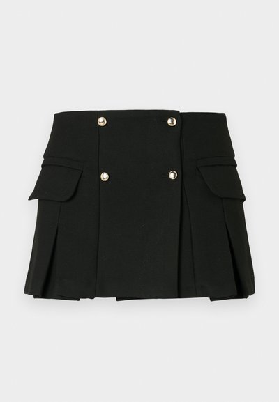 Schwarzer, plissierter Minirock aus strukturiertem Gewebe, ausgestattet mit zwei Fronttaschen und goldfarbenen Knopfakzenten.