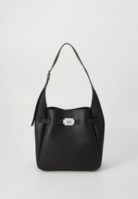 Black leather shoulder bag with a wide adjustable strap and a silver rectangular clasp closure on the front.
