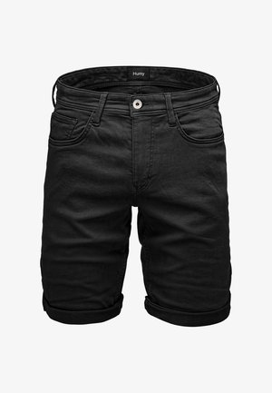 Black denim shorts with a regular fit, rolled cuffs, five-pocket design, and a branded label inside the waistband.