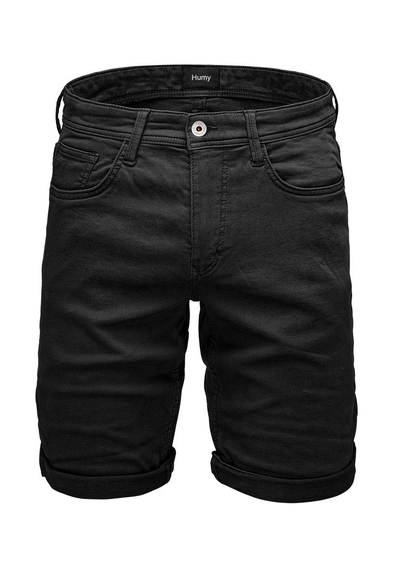 Black denim shorts with a regular fit, rolled cuffs, five-pocket design, and a branded label inside the waistband.