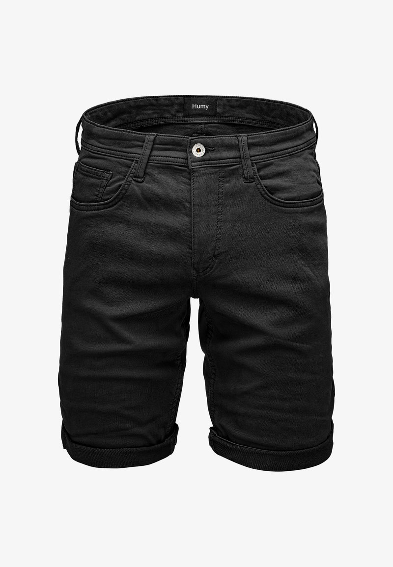 Schwarze Denim-Shorts mit regular Fit, umgeschlagenen Säumen, Fünf-Taschen-Design und einem Markenlabel im Bund.