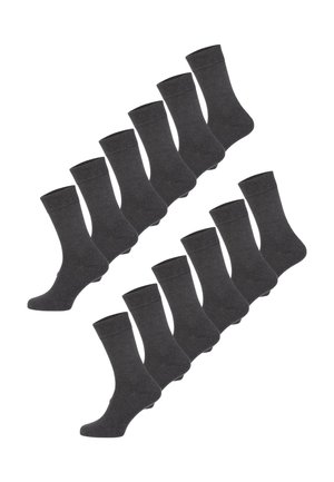 Dieci paia di calzini grigio scuro a lunghezza media disposti in due file diagonali su uno sfondo bianco.