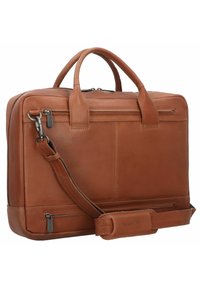 Bruine leren aktetas met een gestructureerd ontwerp, dubbele handgrepen bovenaan, een afneembare schouderband en een externe ritszak.