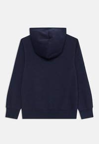 Donkerblauwe hoodie met een gladde textuur, een grote capuchon, geribde manchetten en een effen ontwerp. Heeft een relaxte pasvorm zonder voorzakken.