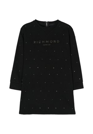 Abito felpa nero con maniche lunghe, scollatura rotonda e chiusura con zip. Presenta un motivo a borchie argentate e la scritta "RICHMOND LONDON" sul davanti.