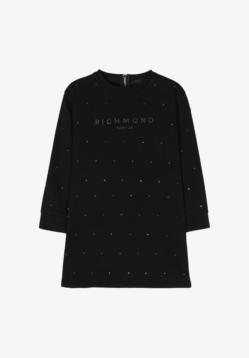 Abito felpa nero con maniche lunghe, scollatura rotonda e chiusura con zip. Presenta un motivo a borchie argentate e la scritta "RICHMOND LONDON" sul davanti.