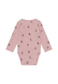 Rosa Langarm-Body für Babys mit kleinen Mäuseillustrationen in verschiedenen Posen auf dem ganzen Stoff, von hinten gesehen.