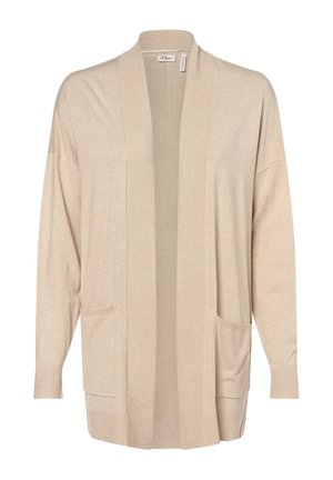 Beige gestrickte Strickjacke mit offenem Vorderteil, gerippten Ärmeln und Saum, zwei vorderen Taschen, entspannter Passform und weicher Textur.