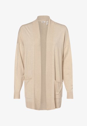 Cardigan en tricot beige avec ouverture à l'avant, manches et ourlet côtelés, deux poches avant, coupe décontractée et texture douce.