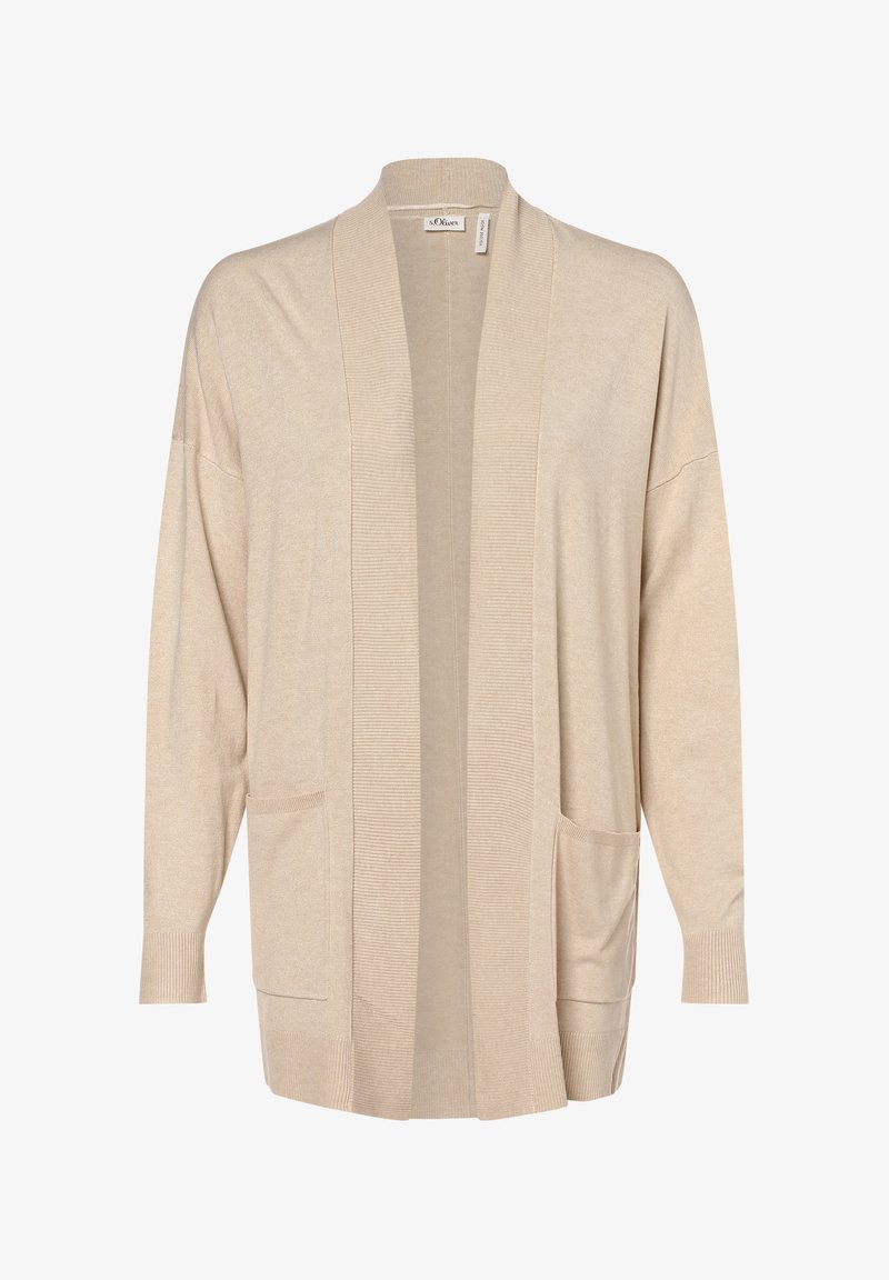 Beige gebreide cardigan met open voorkant, geribde mouwen en zoom, twee voorzakken, relaxte pasvorm en zachte textuur.
