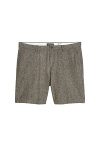 Grau gestreifte Shorts aus leichtem Stoff, mit zwei seitlichen Taschen, Gürtelschlaufen und einem Knopfverschluss an der Vorderseite.