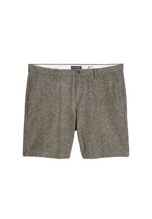Gray striped shorts made of lightweight fabric, featuring two side pockets, belt loops, and a button closure at the front.