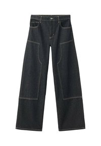 Pantaloni in denim a gamba larga di colore blu scuro con grandi tasche frontali e cuciture beige a contrasto. Presentano una chiusura a bottoni e passanti per cintura.