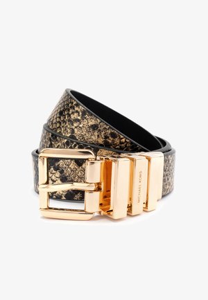 Sort og guld slange-mønstret læderbælte med en guld metalspænde. Tekstur overflade med en glat sort inderside. Markeret "Michael Kors."