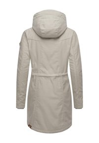 Light beige parka jacket with a hood, made of smooth fabric, featuring a cinched waist, long sleeves, and side pockets.