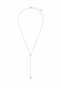 Srebrny naszyjnik łańcuszkowy o minimalistycznym designie, z pojedynczym zawieszeniem w postaci białej perły zawieszonej na delikatnym, wydłużonym pionowym łańcuchu.